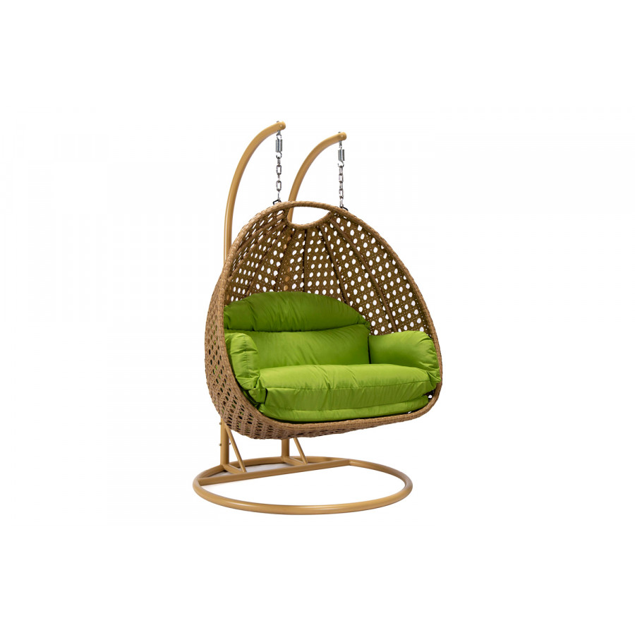 LeisureMod Mendoza Light Brown Wicker Hanging 2 Person Egg Swing Chair - Light Green