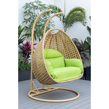LeisureMod Mendoza Light Brown Wicker Hanging 2 Person Egg Swing Chair - Light Green