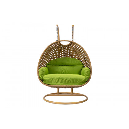 LeisureMod Mendoza Light Brown Wicker Hanging 2 Person Egg Swing Chair - Light Green