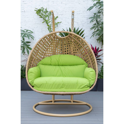 LeisureMod Mendoza Light Brown Wicker Hanging 2 Person Egg Swing Chair - Light Green