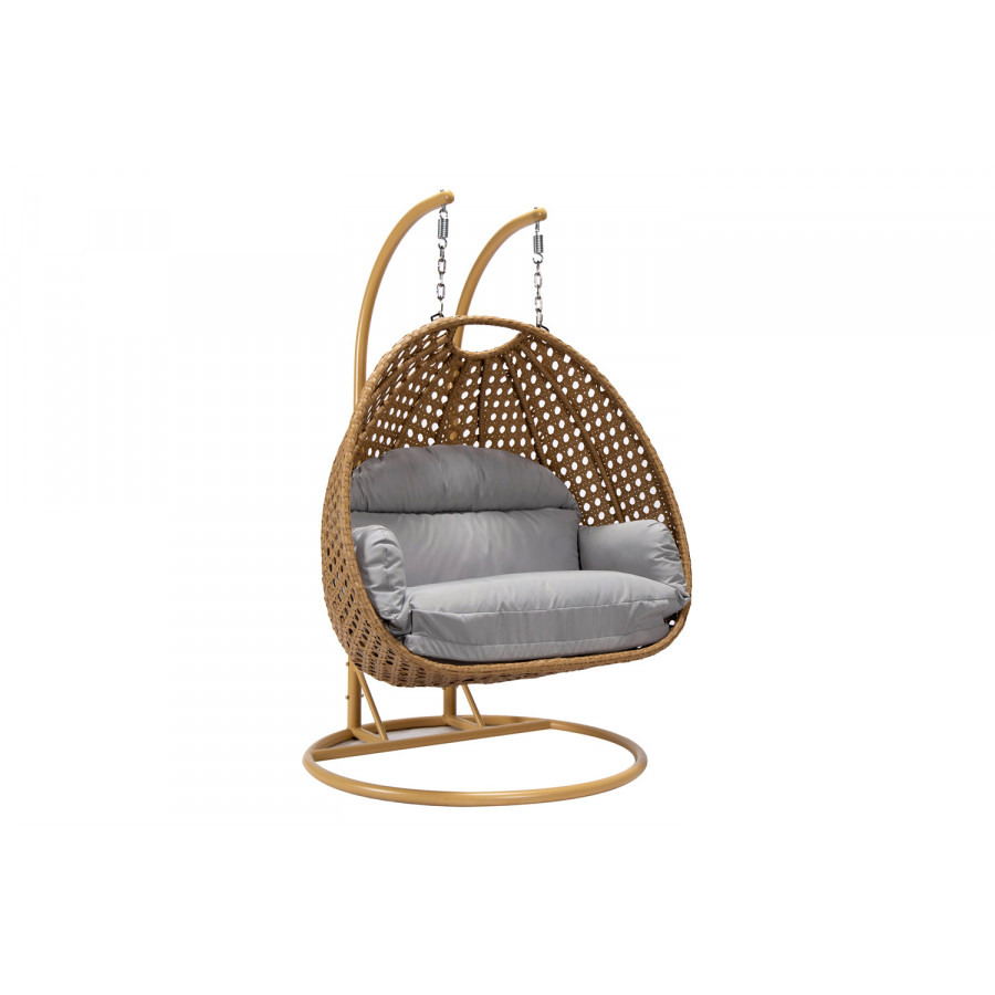 LeisureMod Mendoza Light Brown Wicker Hanging 2 Person Egg Swing Chair - Light Gray