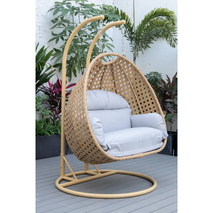 LeisureMod Mendoza Light Brown Wicker Hanging 2 Person Egg Swing Chair - Light Gray