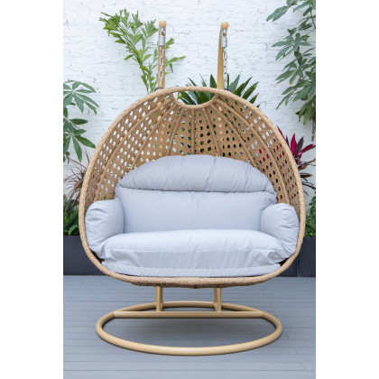 LeisureMod Mendoza Light Brown Wicker Hanging 2 Person Egg Swing Chair - Light Gray
