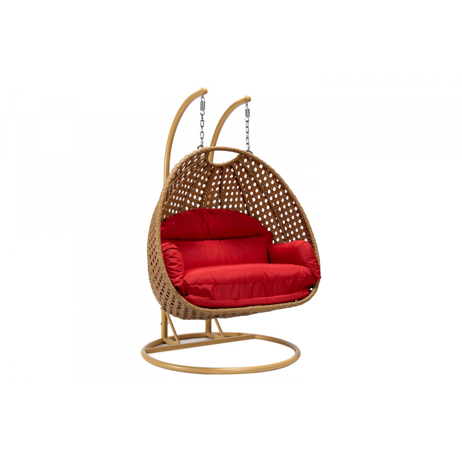 LeisureMod Mendoza Light Brown Wicker Hanging 2 Person Egg Swing Chair - Red