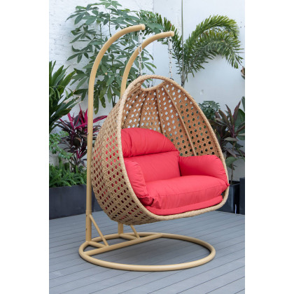 LeisureMod Mendoza Light Brown Wicker Hanging 2 Person Egg Swing Chair - Red
