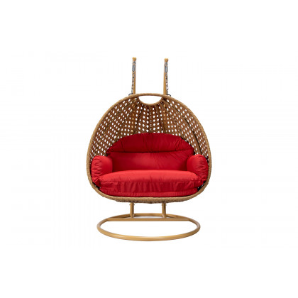 LeisureMod Mendoza Light Brown Wicker Hanging 2 Person Egg Swing Chair - Red