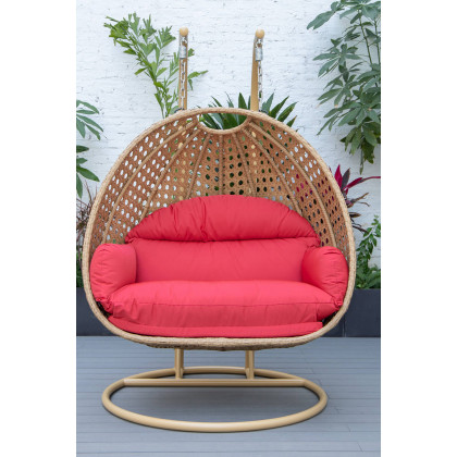 LeisureMod Mendoza Light Brown Wicker Hanging 2 Person Egg Swing Chair - Red