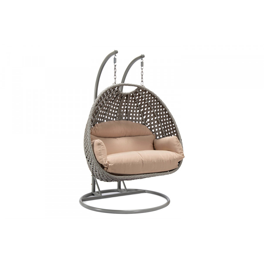 LeisureMod Mendoza Light Gray Wicker Hanging 2 Person Egg Swing Chair with Cushions - Beige