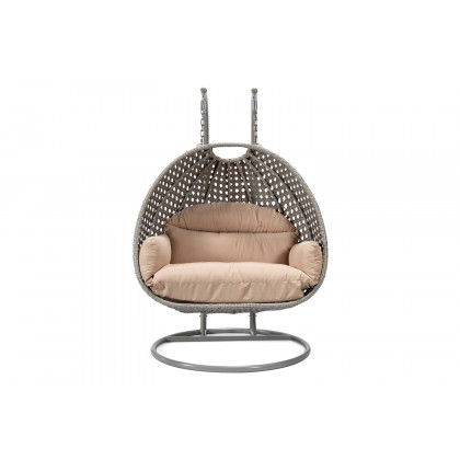 LeisureMod Mendoza Light Gray Wicker Hanging 2 Person Egg Swing Chair with Cushions - Beige