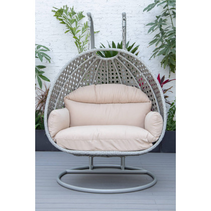 LeisureMod Mendoza Light Gray Wicker Hanging 2 Person Egg Swing Chair with Cushions - Beige