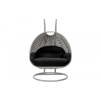 LeisureMod Mendoza Light Gray Wicker Hanging 2 Person Egg Swing Chair with Cushions - Black