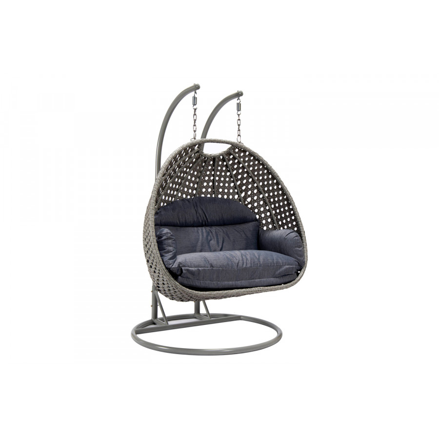 LeisureMod Mendoza Light Gray Wicker Hanging 2 Person Egg Swing Chair with Cushions - Charcoal