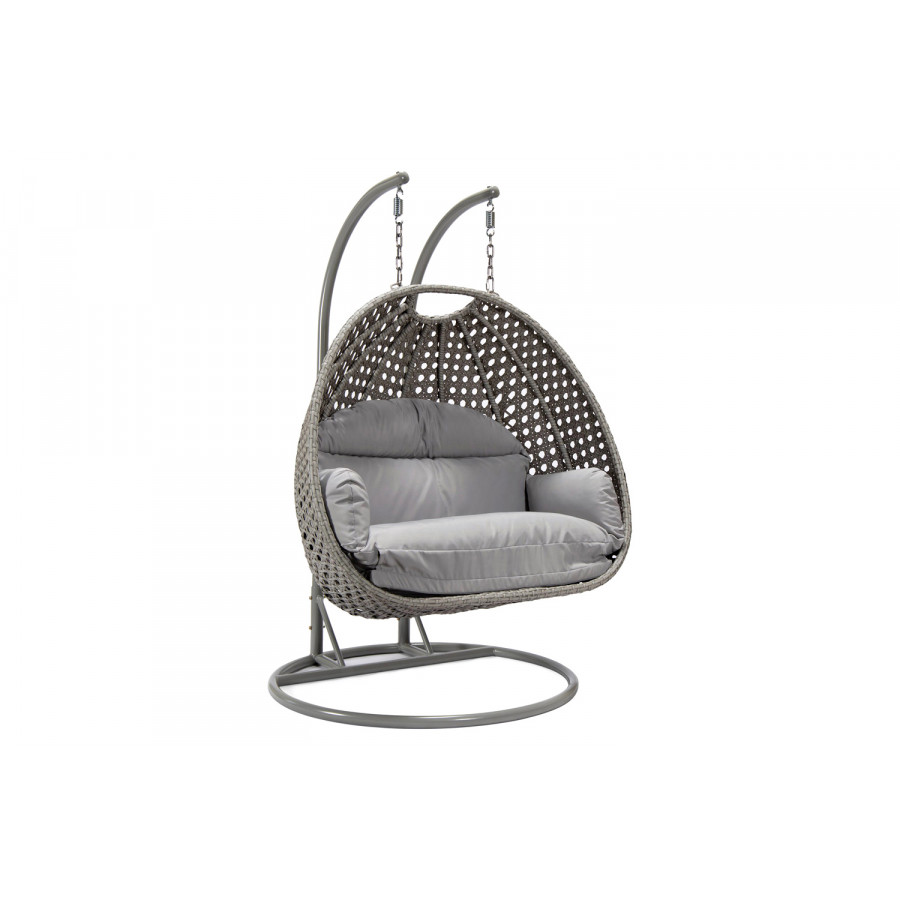 LeisureMod Mendoza Light Gray Wicker Hanging 2 Person Egg Swing Chair with Cushions - Light Gray