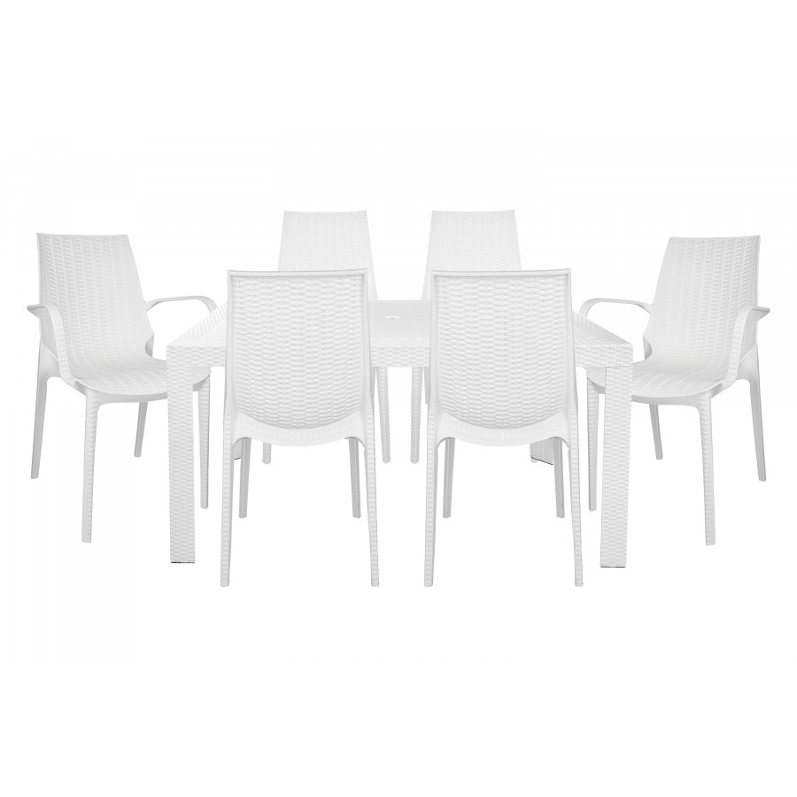 LeisureMod Kent Mid-Century Modern 7-Piece Rectangular Outdoor Dining Set with 4 Side Chairs and 2 Arm Chairs - White