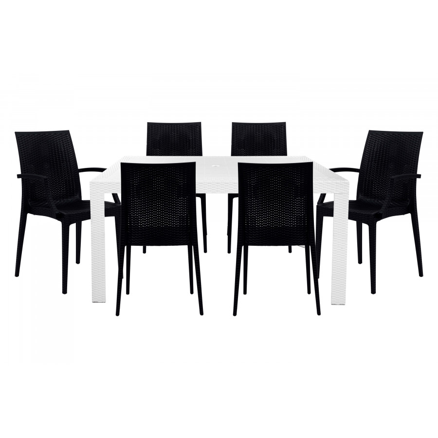 LeisureMod Mace Mid-Century 7-Piece Rectangular Outdoor Dining Set with 4 Side Chairs and 2 Armchairs - White And Black