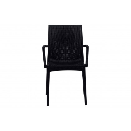 LeisureMod Mace Mid-Century 7-Piece Rectangular Outdoor Dining Set with 4 Side Chairs and 2 Armchairs - White And Black