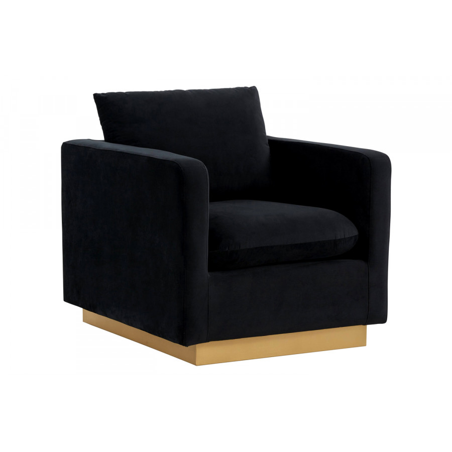 LeisureMod Nervo Modern Mid-Century Upholstered Velvet Accent Chair with Gold Base - Midnight Black