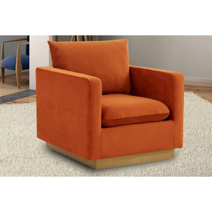 LeisureMod Nervo Modern Mid-Century Upholstered Velvet Accent Chair with Gold Base - Orange/Marmalade