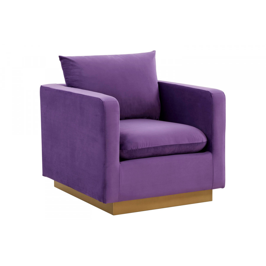 LeisureMod Nervo Modern Mid-Century Upholstered Velvet Accent Chair with Gold Base - Purple