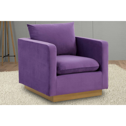 LeisureMod Nervo Modern Mid-Century Upholstered Velvet Accent Chair with Gold Base - Purple