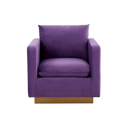 LeisureMod Nervo Modern Mid-Century Upholstered Velvet Accent Chair with Gold Base - Purple