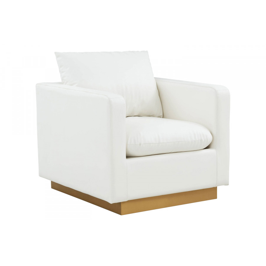 LeisureMod Nervo Modern Mid-Century Upholstered Leather Accent Armchair with Gold Base - White