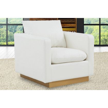 LeisureMod Nervo Modern Mid-Century Upholstered Leather Accent Armchair with Gold Base - White