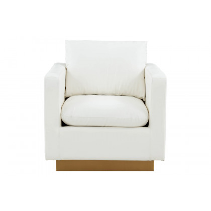 LeisureMod Nervo Modern Mid-Century Upholstered Leather Accent Armchair with Gold Base - White