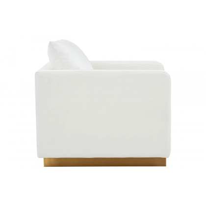 LeisureMod Nervo Modern Mid-Century Upholstered Leather Accent Armchair with Gold Base - White
