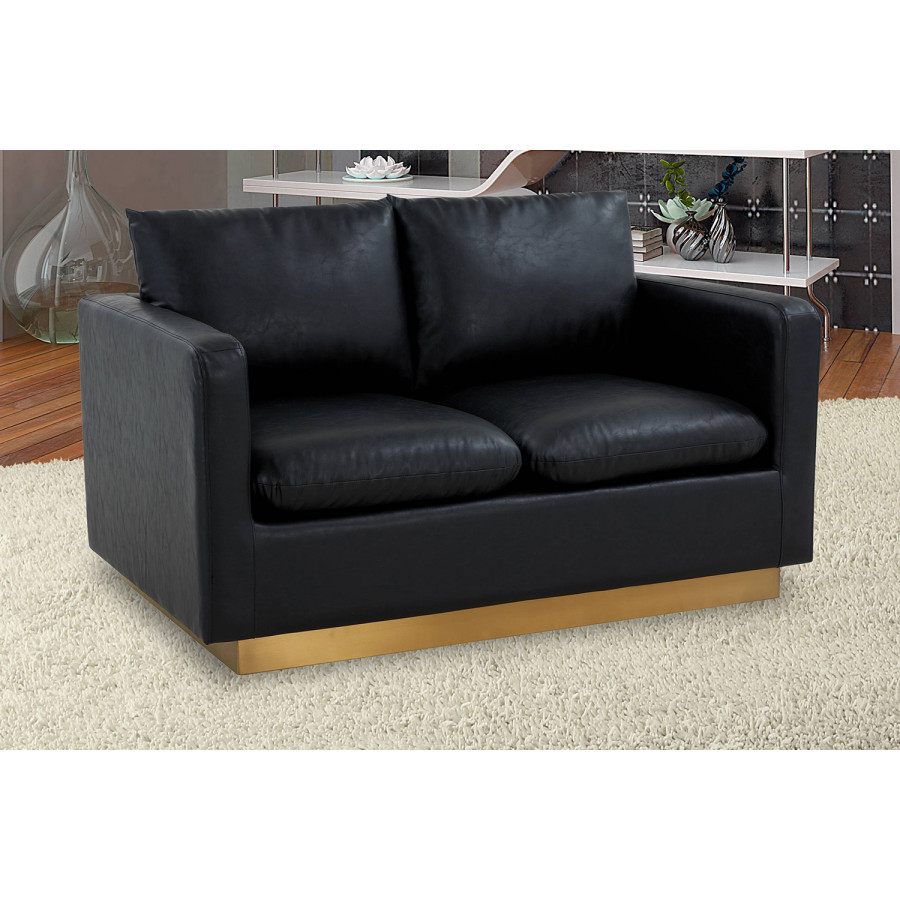 LeisureMod - Nervo Modern Mid-Century Upholstered Leather Loveseat with Gold Base