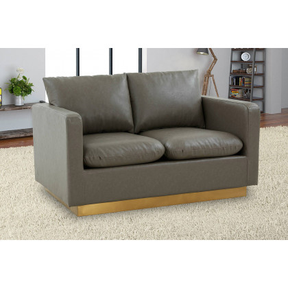 LeisureMod Nervo Modern Mid-Century Upholstered Leather Loveseat with Gold Base - Gray