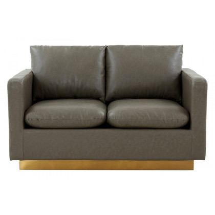LeisureMod Nervo Modern Mid-Century Upholstered Leather Loveseat with Gold Base - Gray