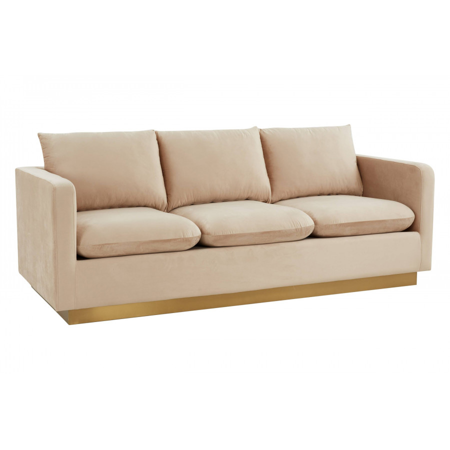 LeisureMod Nervo Modern Mid-Century Upholstered Velvet Sofa with Gold Base - Beige