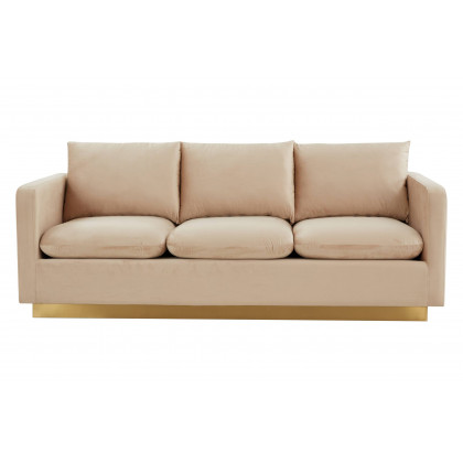LeisureMod Nervo Modern Mid-Century Upholstered Velvet Sofa with Gold Base - Beige