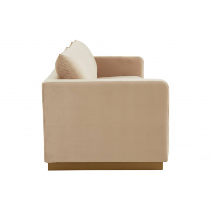 LeisureMod Nervo Modern Mid-Century Upholstered Velvet Sofa with Gold Base - Beige