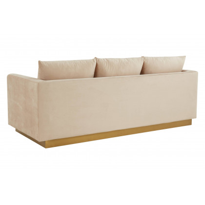 LeisureMod Nervo Modern Mid-Century Upholstered Velvet Sofa with Gold Base - Beige