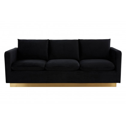 LeisureMod Nervo Modern Mid-Century Upholstered Velvet Sofa with Gold Base - Midnight Black