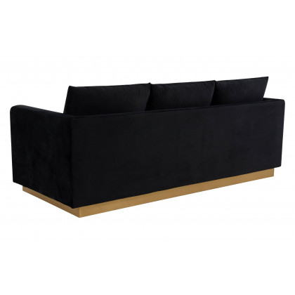 LeisureMod Nervo Modern Mid-Century Upholstered Velvet Sofa with Gold Base - Midnight Black