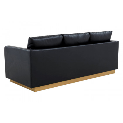 LeisureMod Nervo Modern Mid-Century Upholstered Leather Sofa with Gold Base - Black