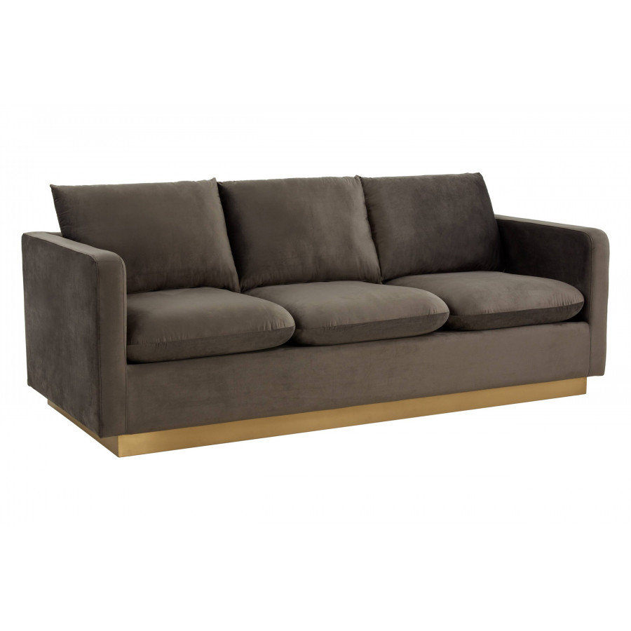 LeisureMod Nervo Modern Mid-Century Upholstered Velvet Sofa with Gold Base - Dark Gray