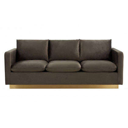 LeisureMod Nervo Modern Mid-Century Upholstered Velvet Sofa with Gold Base - Dark Gray