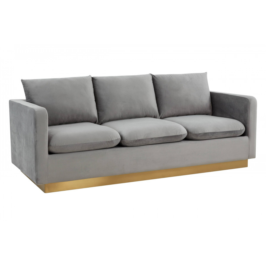 LeisureMod Nervo Modern Mid-Century Upholstered Velvet Sofa with Gold Base - Light Gray