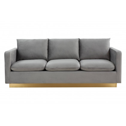 LeisureMod Nervo Modern Mid-Century Upholstered Velvet Sofa with Gold Base - Light Gray