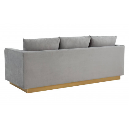 LeisureMod Nervo Modern Mid-Century Upholstered Velvet Sofa with Gold Base - Light Gray