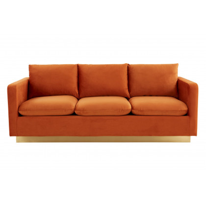 LeisureMod Nervo Modern Mid-Century Upholstered Velvet Sofa with Gold Base - Orange Marmalade