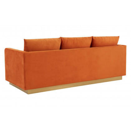 LeisureMod Nervo Modern Mid-Century Upholstered Velvet Sofa with Gold Base - Orange Marmalade