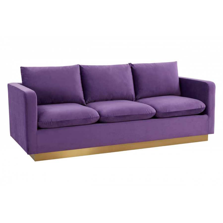 LeisureMod Nervo Modern Mid-Century Upholstered Velvet Sofa with Gold Base - Purple