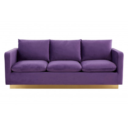 LeisureMod Nervo Modern Mid-Century Upholstered Velvet Sofa with Gold Base - Purple