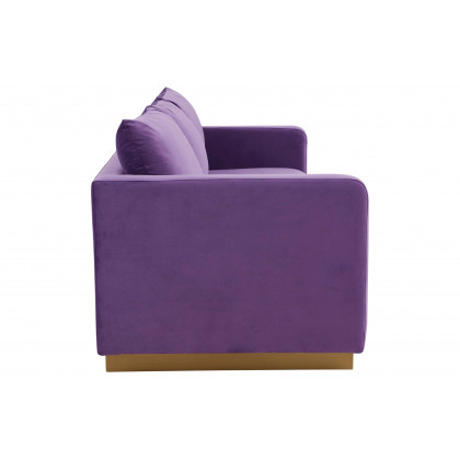 LeisureMod Nervo Modern Mid-Century Upholstered Velvet Sofa with Gold Base - Purple