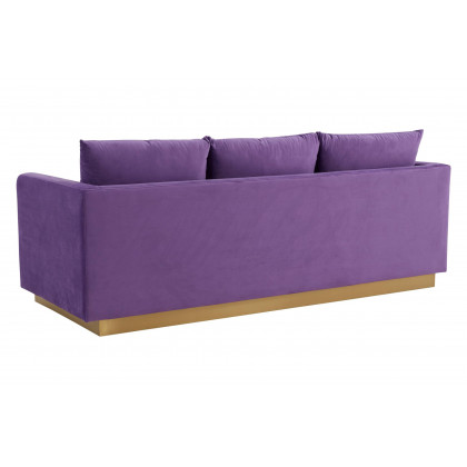 LeisureMod Nervo Modern Mid-Century Upholstered Velvet Sofa with Gold Base - Purple
